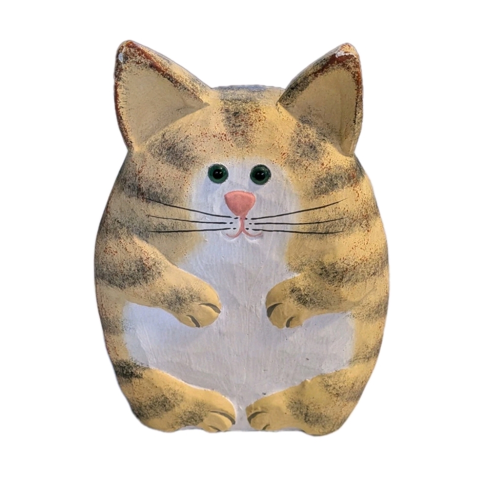 Wooden cat figure, hand painted Tabby cat figurine James Haddon Hand carved wood